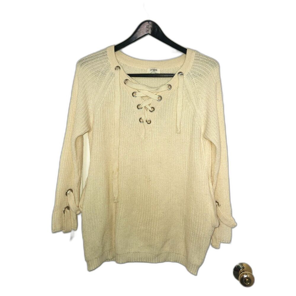 Umgee Woman's Fall Winter Sweater Cream Criss Cross Laced Tie Front Size M
